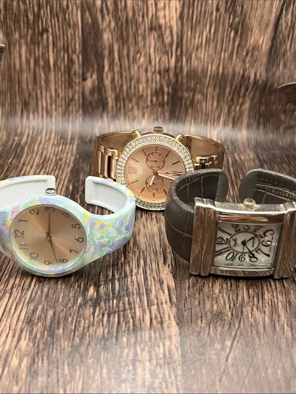 Set of 3 Ladies Cuff Fashion Watches - Rose Gold, Pastel Floral, Brown Leather